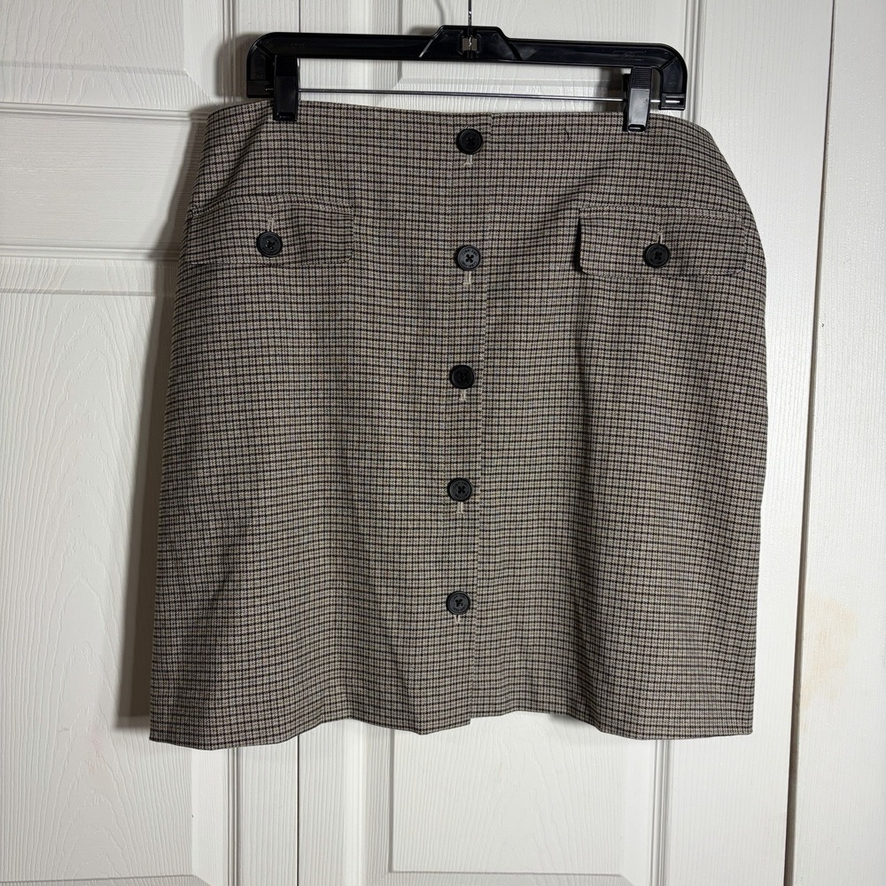 Calvin Klein Button Front Skirt Women 16 Brown Plaid‎ Houndstooth A Line Pockets